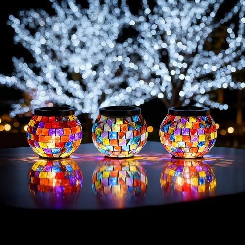Cooo 6 Pack Gift for her him Landscape Lighting Path Lights Heavy Solar Mosaic Lantern with RGB Color-Changing Light – Dual Solar Panels, Red Amber Glass Tiles, Waterproof Outdoor - Image 5