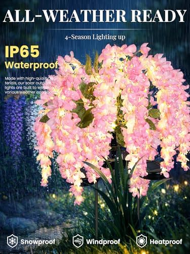 GIGALUMI 3 Pack Solar Wisteria Flowers Outdoor, 2 Modes, Pink - Image 3