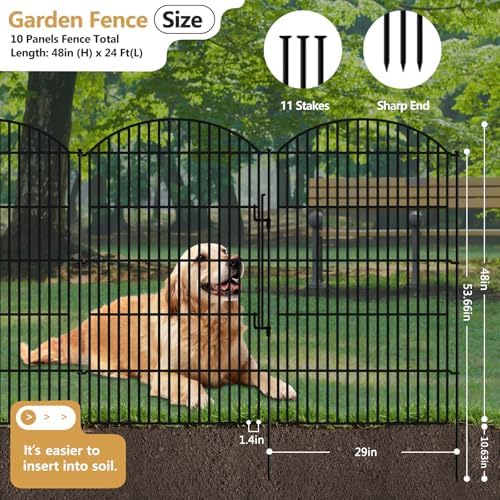 10 Panels Decorative Garden Fence with Lock, 48in (H) x 24ft (L) No Dig Dog Animal Barrier for Outdoor Yard, Rustproof Ground Stakes Metal Fencing for Yard, Patio, Flower Bed - Image 2
