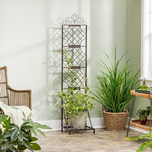 Evergreen Garden Classic Metal Plant Stand with Lattice Trellis for Climbing Plants, Floor Tall Plant Stand Indoor and Outdoor for Patio, Porch, Garden - Image 2