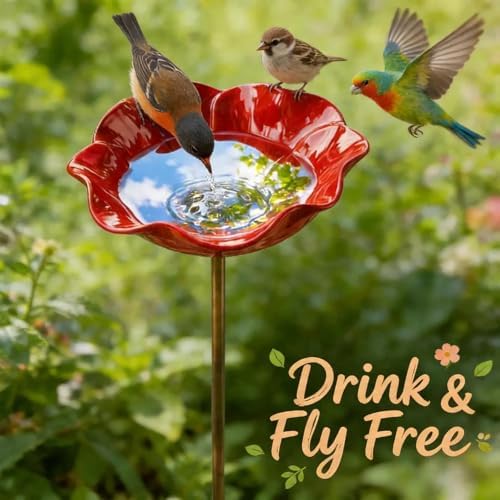 Flower Garden Stake Metal Bird Bath with Bee Watering Station, 3 in 1 Handmade Pollinator Feeder for Outdoor Yard Decor(Bright Red Poppy,3) - Image 2