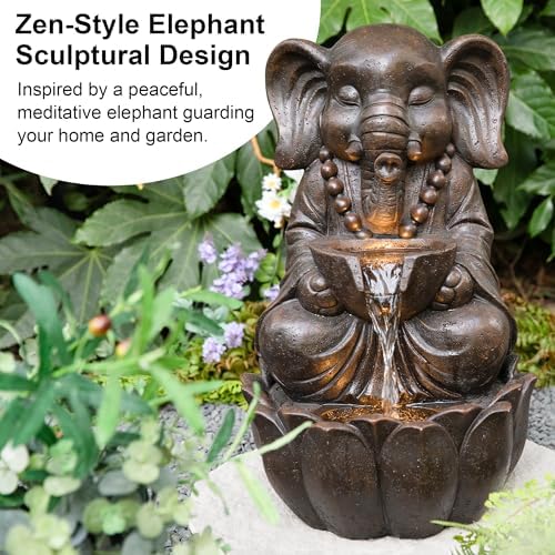 Glitzhome Outdoor Fountains, Water Fountains Outdoor with Lights&Pump, 21.75" H 2-Tiered Zen-Style Bronze Polyresin Elephant Garden Fountain Floor Standing Waterfall for Patio, Porch, or Yard Decor - Image 2