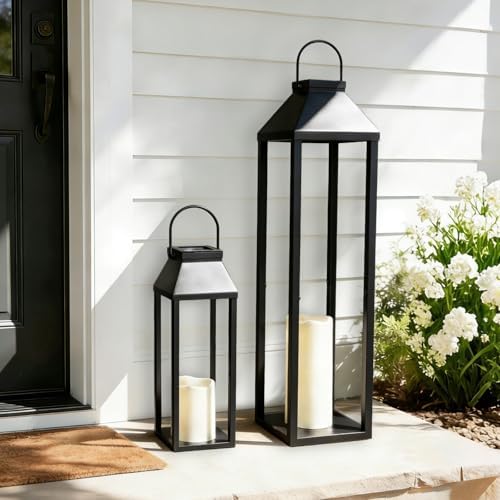 Large Outdoor Solar Lanterns Waterproof, Tall Farmhouse Black Metal Decorative Lanterns Solar Lights Outdoor for Front Porch Decor Outdoor Patio, Garden, Balcony, Porch, 27.6",16.3"-Set of 2 by CEDARLUX