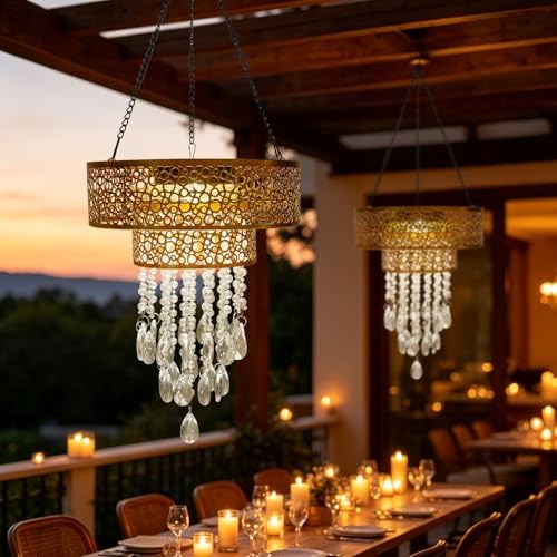 Solar Powered Hanging Chandelier Gold Metal Frame Acrylic Crystal Waterproof Outdoor Hanging Light for Patio, Wedding, Party, Garden Decor Rechargeable LED Pendant Lamp with Auto On/Off - Image 6