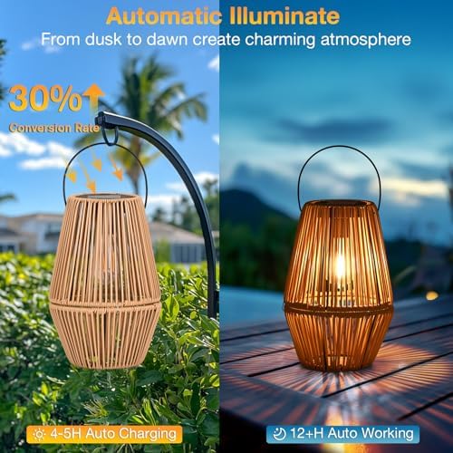 Uspring 2 Pack 3-in-1 Solar Lanterns Outdoor Waterproof Rattan Woven Hanging Solar Lights for Outside with Bright Lamp & LED Bead & 4 Handles, Garden Gifts Decor for Women Mom Patio Yard Porch - Image 4