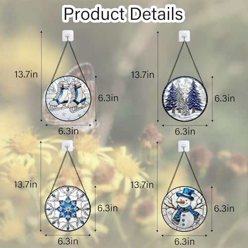 DASTOLL Stained Glass Window Hanging 4 Pcs Set White Winter Christmas Snow Scene 6.3" - Suncatcher Door Garden Sun Catcher Decor Birthday for Mom Woman Nana Men Friend Wife - Image 6