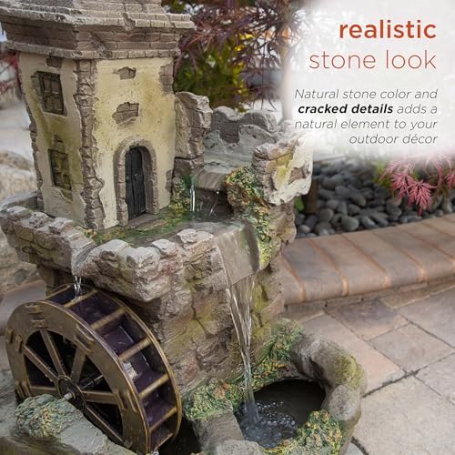 Alpine Corporation USA1164 Outdoor Floor Tiered Fairy Castle Waterwheel Water Fountain with Realistic Stone Look, 35", Brown - Image 5