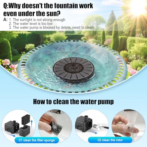 Solar Fountain Work On Cloudy Day,Solar Water Bird Bath Fountain with Faster Conversion Glass Solar Panel and Power Indicator,Built-in 2000mAh Battery,Outdoor Garden Decor(Black Panel) - Image 5