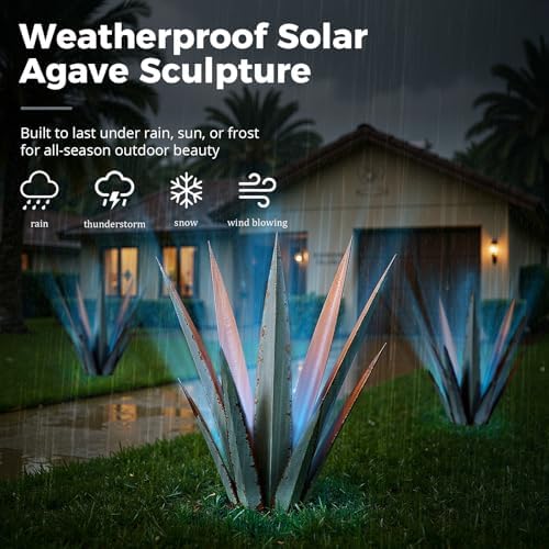 KODIBO 24" Metal Agave Plant Outdoor Decor with Solar Light, Vintage Blue - Image 7