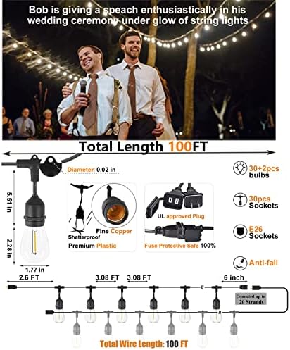 Outdoor String Lights LED 100FT Heavy-Duty Patio Lights String with 32 Dimmable Shatterproof Plastic Bulbs for Gazebo Pergola Bistro Lights Linkable - Image 2