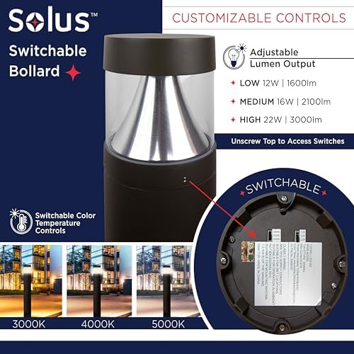 Solus Round Tunable LED Bollard – Switchable Wattage (12W–22W), 1600–3000 Lumens – Adjustable CCT 3000K/4000K/5000K – Black or Bronze Path Light (Black, Round / 4 Pack) - Image 3