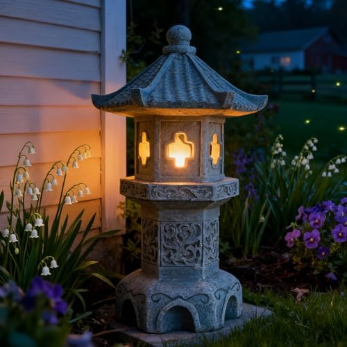 Zen Garden Pagoda Statue Solar Lantern Lights Outdoor Japanese Garden Decor - Image 2