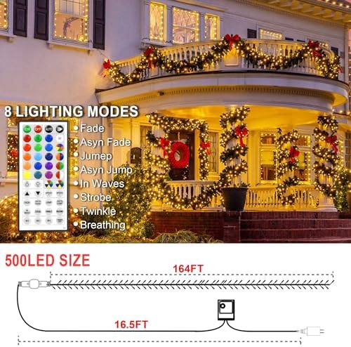 164 FT 500 LED Halloween Lights Outdoor , Waterproof RGB String Lights with Remote Control& Timer Function, 24 Colors Changing Fairy Lights for Indoor Outdoor Room Wall Christmas Tree Party Decoration - Image 3