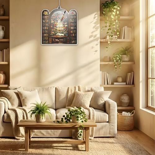 Floral Library Acrylic Suncatcher 8 Inches, Fall Decoration Indoor Outdoor, Bedroom Porch Decor, Stained Glass Effect Window Hanging, Bookshelf Ornament, Cottagecore Book Lover Gift for Her - Image 6