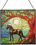 Black Horse Standing Beneath Ancient Tree Square Suncatcher – Stained Glass Style Window Panel with Pastoral Scene, Custom Decorative Hanging Art for Equestrian Home, Christmas 9bLq9E by Custom