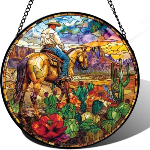 9.84 Inch Stained Glass Window Hanging Desert Cowboy Journey Suncatcher for Doors Garden Patio Sun Catchers Decor Mother's Day Father's Day Birthday for Women Men Mom Nana Friend by Unknown