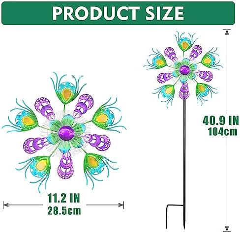Solar Peacock Wind Spinners for Yard & Garden - 40 Inch Metal Wind Sculpture, Kinetic Windmill with Multi Color LED Lights, Lawn & Patio Art Decor - Image 2