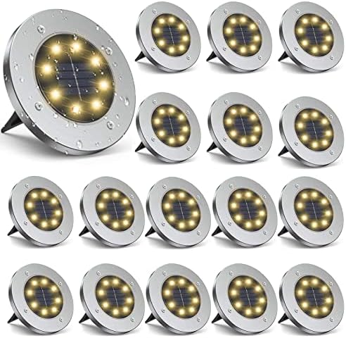 Solar Ground Lights 8 LEDs Disk Light Solar Powered Outdoor Waterproof in-Ground Lights for Pathway, Yard, Deck, Lawn, Patio, Walkway, Warm White Light, 16-Pack by Edearkar