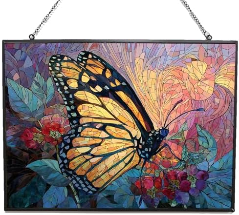 Personalized Rectangle Mosaic Butterfly and Berries Stained Glass Window Hanging, Suncatcher for Women, Stained Glass Window Decor Perfect Home Décor by HYPESTYLE
