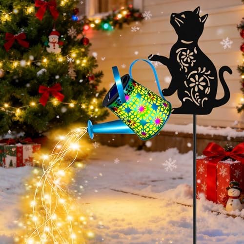 Black Cat Solar Watering Can Lights, Birthday Gifts for Women Mom Christmas Mother's Day, Yard Decorations Outdoor Waterproof, Blue Metal Hanging Lantern, Solar Lights Garden Decor Patio Pathway - Image 4