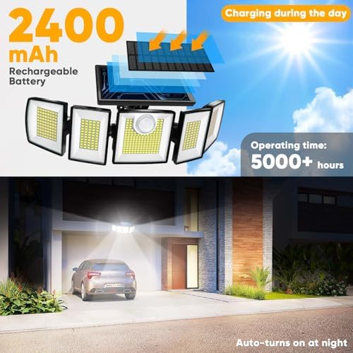 Solar Lights Outdoor Waterproof Motion Sensor - 416 LEDs 3000 Lumens Super Bright 3 Brightness 3 Modes 360° Illumination 32ft Solar Flood Security Light for Outside - Image 3