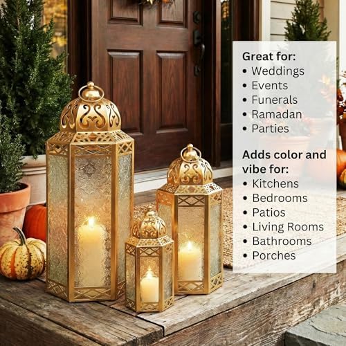 Vela Lanterns Decorative Outdoor & Indoor Tall Floor Candle Holders, Gold - Image 3
