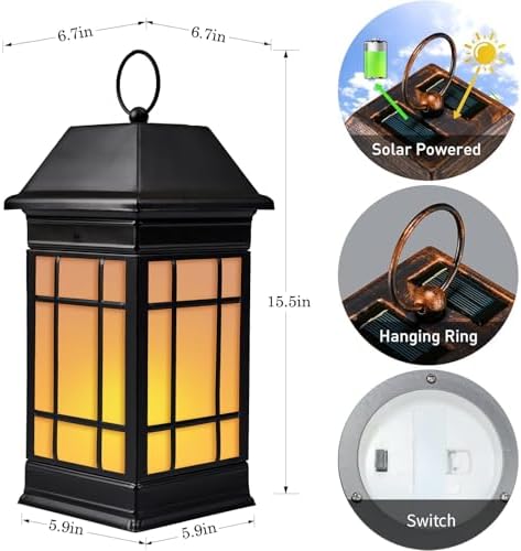 15.5" Solar Lantern Outdoor Waterproof, Glass Flickering Flame Solar Lanterns, Hanging Metal Lantern Decorative for Patio Front Porch Garden Backyard Tabletop Mothers Day Gifts Mom - Image 4