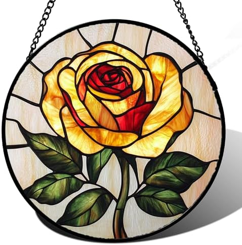 Yellow Rose Stained Glass Window Hanging Suncatcher Gifts for Women 12" by amderven