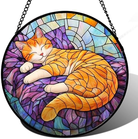 Sleeping Orange Cat Stained Glass Window Hanging Suncatcher Gifts 9.8" by amderven