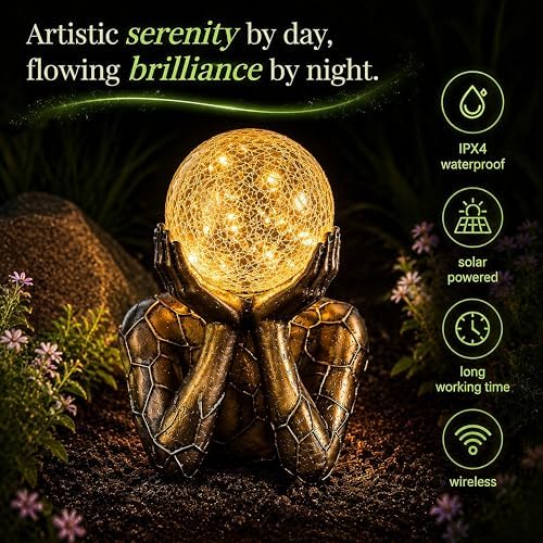 Solar Garden Statue with Crackle Glass Gazing Ball, Outdoor Warm LED Decor - Image 2