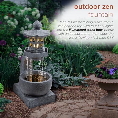 Alpine Corporation DIG370 31" Outdoor Zen Pagoda Water Fountain with LED Lights & Illuminated Stone Bowl – Tranquil Garden Water Feature for Relaxation and Ambiance, Gray - Image 4