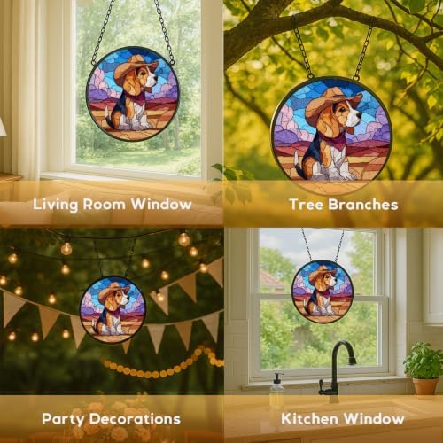 Stained Glass Window Hanging， Beagle Dog in Cowboy Hat Sun 11.8in Catchers Indoor Window， Core Decor Inside and Outside The Cottage，Gifts for Women - Image 5