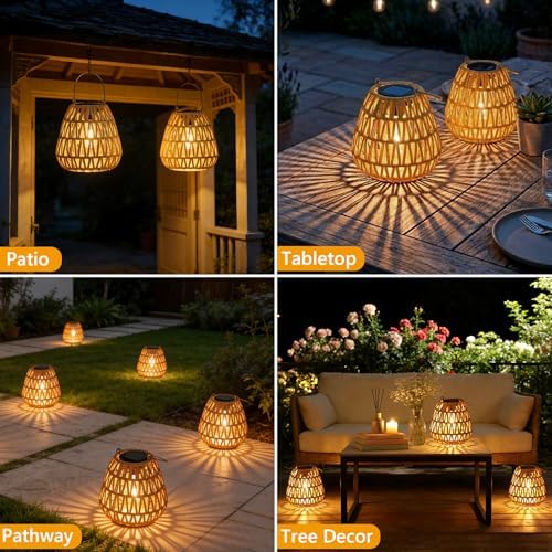 2 Pack Solar Lights Outdoor Waterproof, Rattan Solar Lantern, Hanging Outdoor Solar Lights for Yard, Outdoor Solar Lanterns Decorative, Garden Lights Solar Powered for Tree, Patio, Table Lantern Decor - Image 7