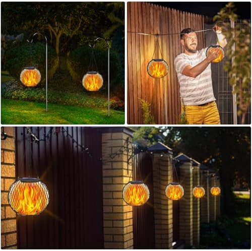 TomCare Solar Lanterns Outdoor 4 Pack Flickering Flame Metal Hanging Lights - Image 6