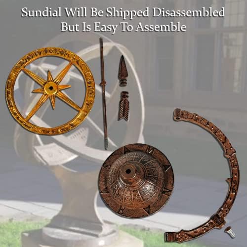 Urbalabs Iron Cast Hand Painted Golden Armillary Sundial Bronze Housing and Gold Painted Metal Disk Roman Numerals Compass Base Garden Themed Metal Decor Indoors Or Outdoors Iron Heavy-Duty - Image 6