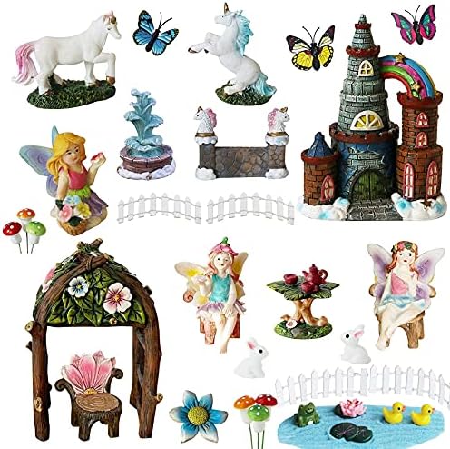 BangBangDa Fairy Garden Unicorn Fairies Accessories - 35 PCS Miniature Outdoor Fairy Garden Set - Fairy Figurines Castle Fountain Girl Birthday Gifts by BangBangDa