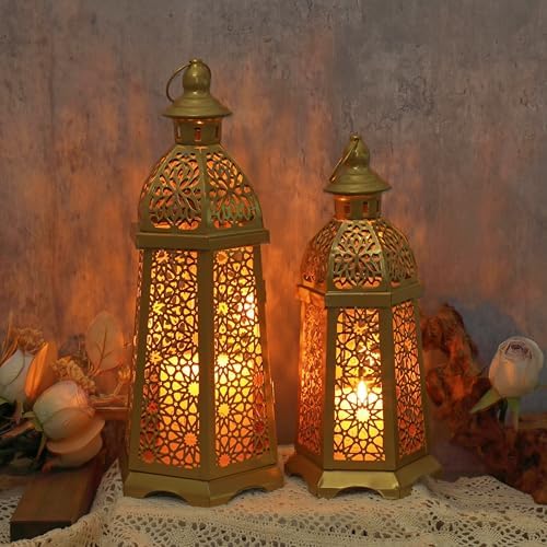 2 Pack Moroccan Lantern Lamp Decorative Candle Holders for Ramadan Decorations, Hanging, Outdoor Patio or Porch, Indoor Home Decor（Gold） - Image 3