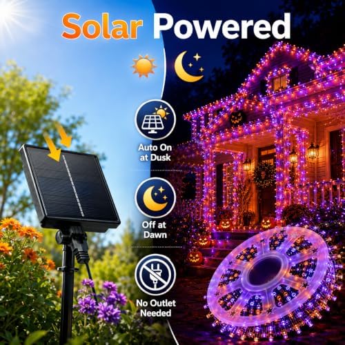 335 ft 800 LED Halloween Solar String Lights Outdoor, Orange & Purple - Image 4