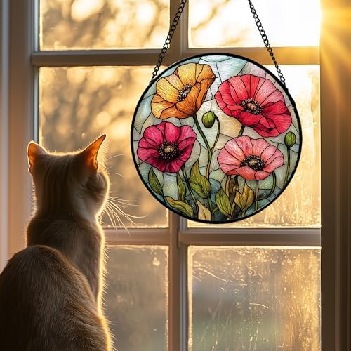 Poppy Flower Stained Glass Window Hanging Suncatcher Gifts for Women 12" by amderven