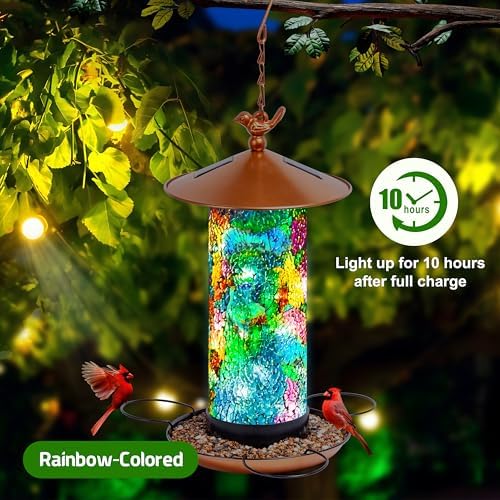 XDW-GIFTS Mosaic Solar Bird Feeder, Waterproof Lantern Shape with Hook & 4 LED Lights, Garden Decor for Lawn, Patio, Balcony, Yard Ornament - Unique Gifts for Mom,Women,Grandma,Bird Lovers - Image 4