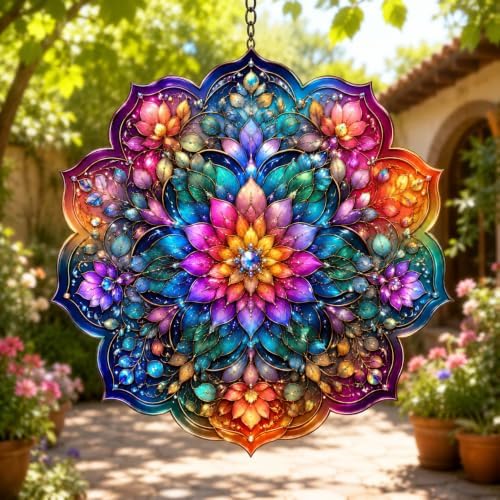 Shwing 12 Inch Wind Spinner Hanging Wind Sculptures Colorful Floral Metal Decor Double Sided Outdoor Kinetic Garden Art 3D Wind Spinner Hanging Ornament for Patio Porch Balcony Backyard Tree Decor - Image 2