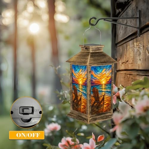 Solar Lantern Outdoor Waterproof Stained Glass Beach Scene Adirondack Chair Sunset Ocean Waves Garden Decor LED Hanging Solar Lights Tabletop Lamp Gifts for Women Mom Outside Yard Patio Porch - Image 5