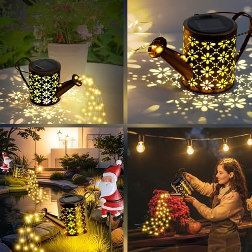Solar Santa Clause Watering Can Lights, Christmas Solar Kettle Lights Garden Lawns Decorative Light Solars Christmas Decorations Hanging Metal Santa Kettle Light for Garden Patio Pathway Yard - Image 4