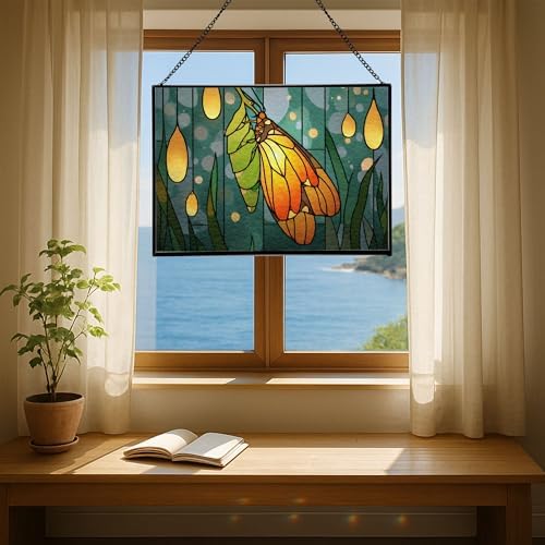 Butterfly Emerging from Chrysalis Rectangular Stained Glass Suncatcher – Hanging Window Panel with Animal & Nature Scene – Vibrant Glass Art Gift for Wildlife, Fantasy, Nature Lovers M4eGGH - Image 6