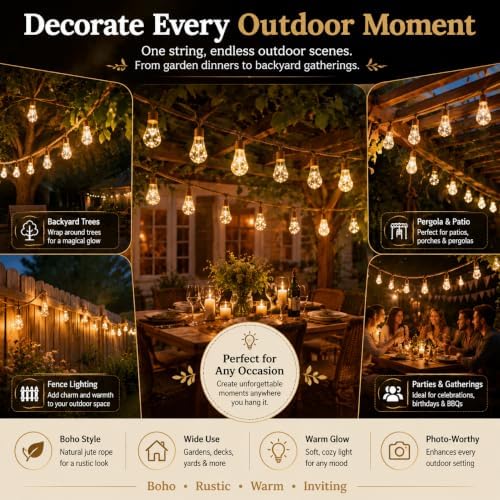 Boho Fairy String Lights Outdoor Solar Powered, Vintage Rope Hemp Bulb LED Patio Lights, Waterproof Shatterproof Backyard String Lights for Garden Fence Decor (Warm White - 25lights, 456, Inches) - Image 7