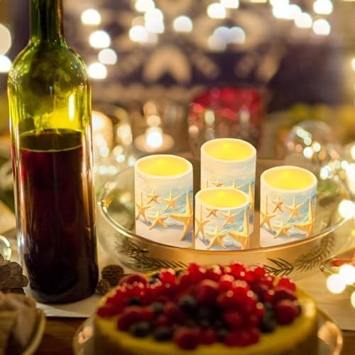 GLENLCWE Starfish on Beach Flameless Light Candles with 4H 8H Timer, Battery Operated Candles with 18-Key Remote Flickering Smokeless Pillar Candles-4PCS - Image 3