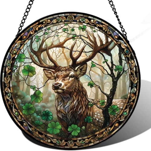 9.84 Inch Mistwood Sacred Stag Stained Glass Window Hanging Suncatchers Vibrant Glass Panel with Metal Chain for Home Decor Gift for Women Mother's Day Birthday Men and Mom by Unknown