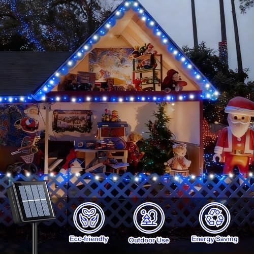 QITONG 2 Pack Blue and White Solar Christmas Lights, Each 66ft 200 LED Solar String Lights Outdoor Waterproof, 8 Modes Solar Twinkle Light for Outside - Image 7