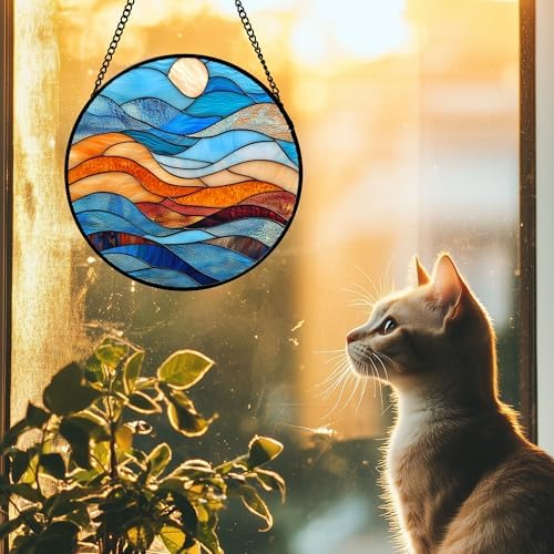 DASTOLL Stained Glass Window Hanging 4 Pcs Set Blue Orange Ocean Beach Theme 6.3" - Suncatcher Door Garden Sun Catcher Decor Birthday Christmas for Mom Woman Nana Men Wife - Image 4