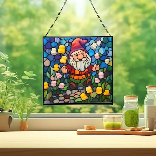 Gnome in Marshmallow Garden Stained Glass Suncatcher – Square Hanging Window Panel for Home or Greenhouse – Whimsical Glass Art Gift for Garden Lovers, Christmas, Halloween, Father Days KUb2c5 - Image 2